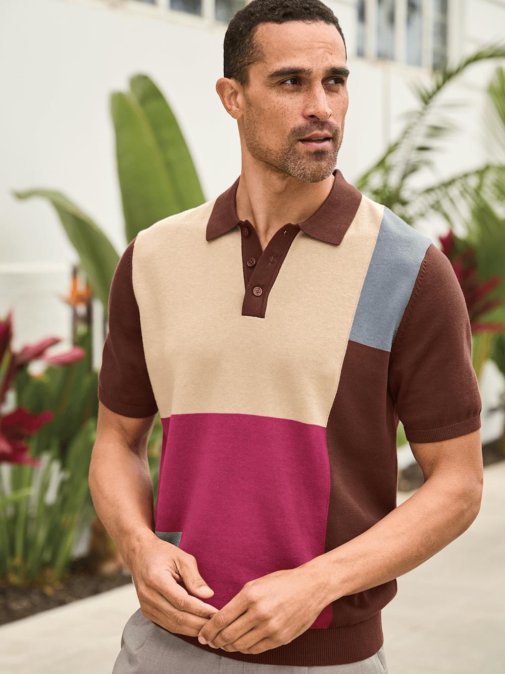 Cotton Three Button Polo - Brown Multi Product Image