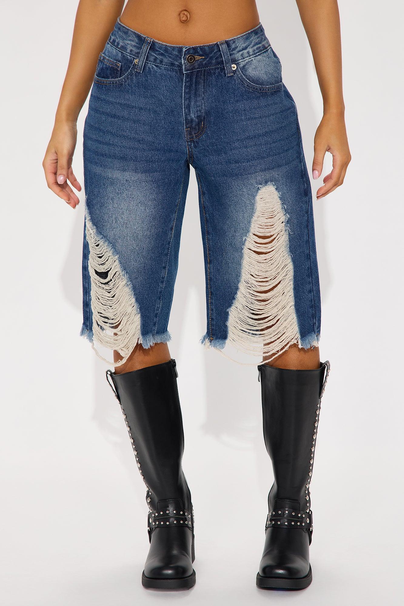 Laurali Ripped Denim Jorts - Dark Wash Product Image