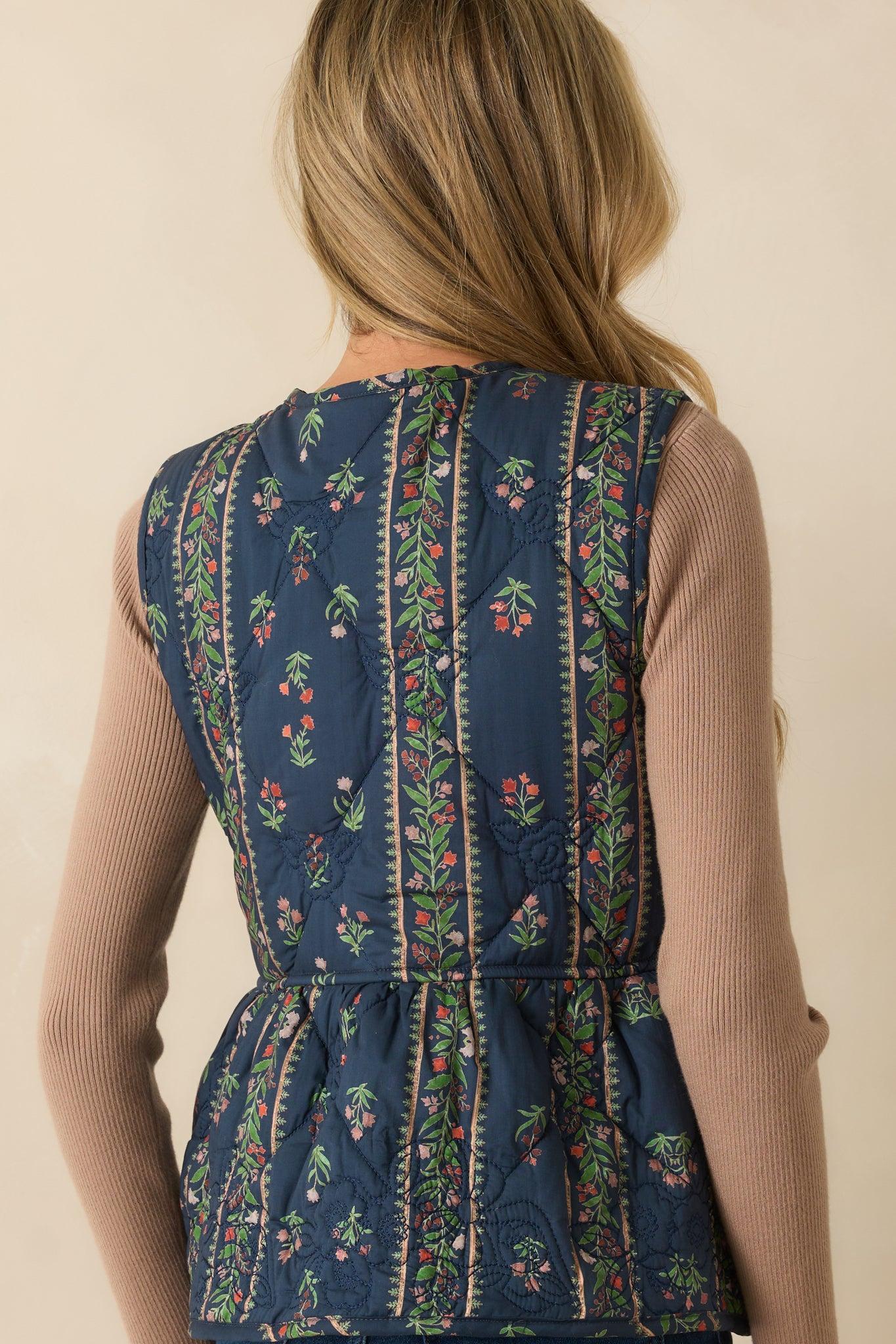 After All Is Said Navy Multi Floral Print Bow Front Quilted Vest Product Image