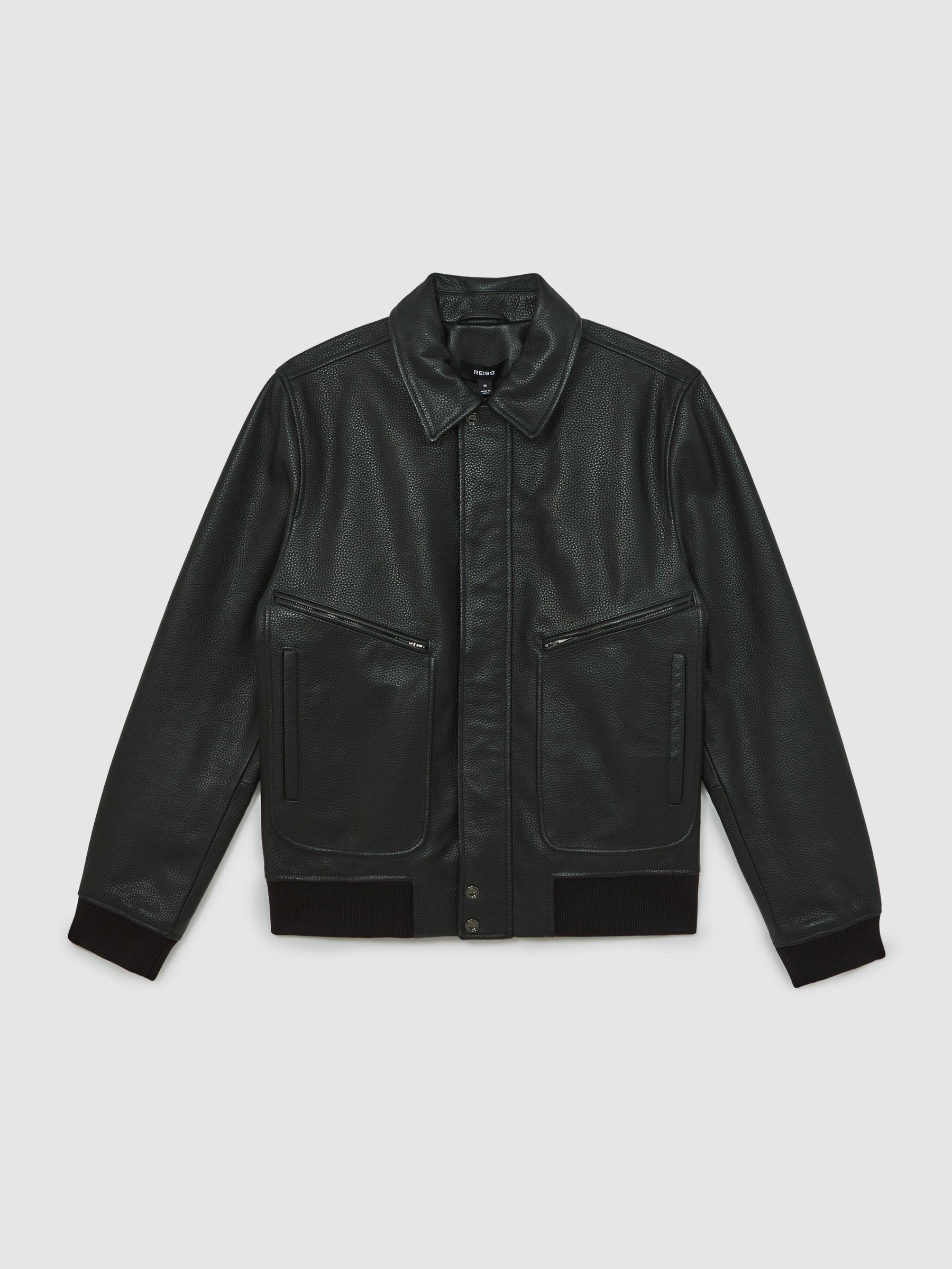 Grained Leather Zip Through Jacket in Black Product Image