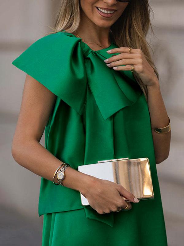 Sleeveless Bowknot Pleated Split-Joint Round-Neck Maxi Dresses Product Image