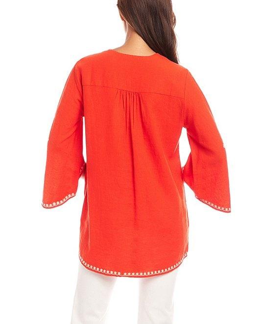 Karen Kane Petite Size Embroidered V-Neck 3/4 Flare Sleeve Asymmetrical Top Product Image