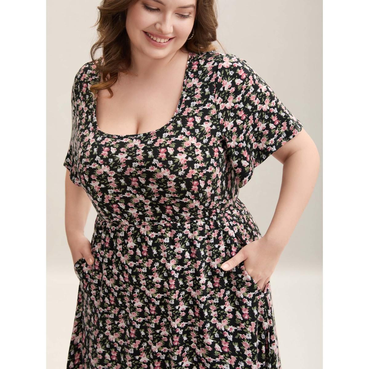 Plus Size Floral Print Square Neck Straight-Fit Midi Dress Black Women Casual Non U-neck Short sleeve Curvy BloomChic 30/6X Product Image