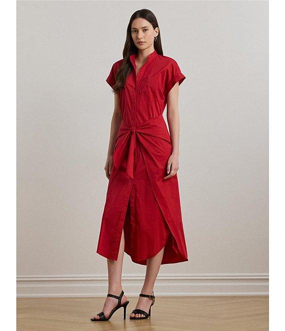 Lauren Ralph Lauren Cotton Blend Banded Collar Short Sleeve Shirt Midi Dress Product Image