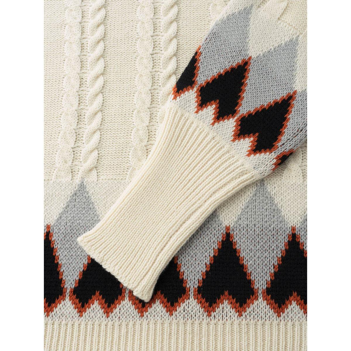 Plus Size Fair Isle Crew Neck Split Hem Pullover Beige Women Leisure Long Sleeve Round Neck Casual Pullovers BloomChic 28/5X Product Image