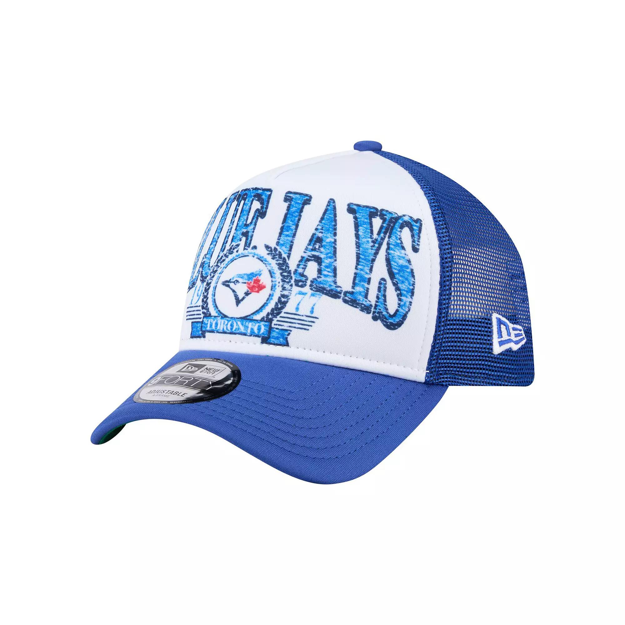 Men's New Era White/Royal Toronto Blue Jays Distressed 9FORTY A-Frame Adjustable Trucker Hat, Jay White Product Image