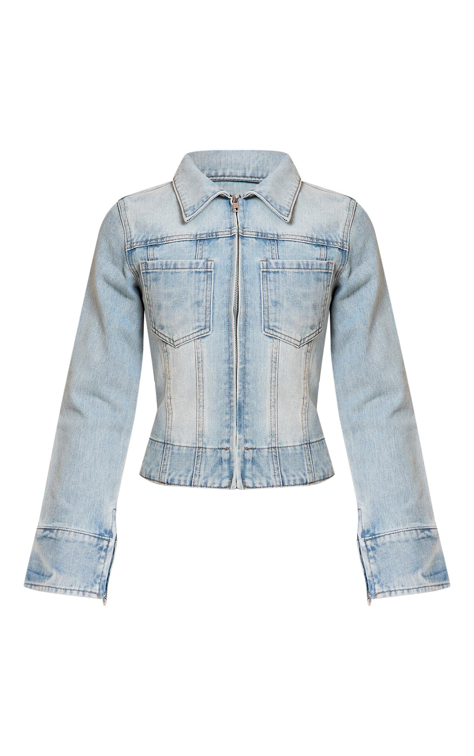 Petite Light Blue Denim Front Zip Fitted Jacket Product Image