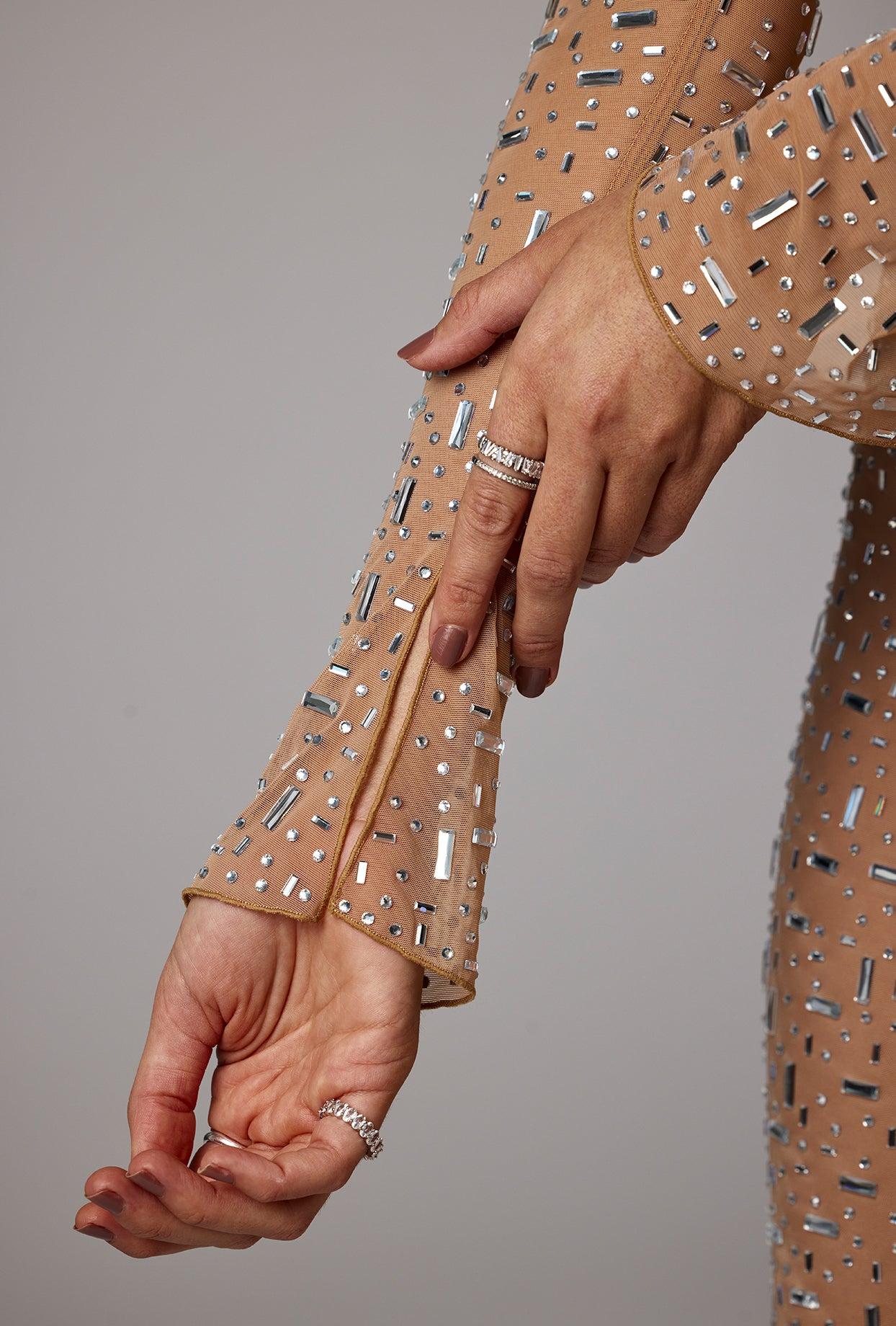 Sheer Embellished Long Sleeve Evening Gown in Almond Product Image