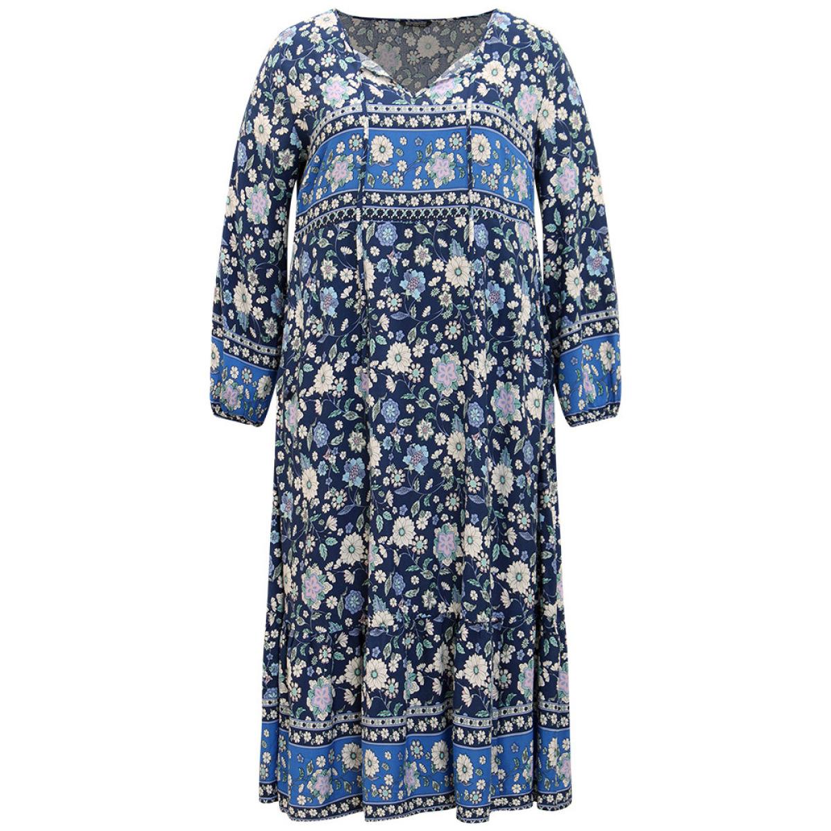 Plus Size Floral Print Pocket Knot Neck Dress Indigo Women Vacation Cross straps Tie Neck Long Sleeve Curvy Midi Dress BloomChic 26/4X Product Image