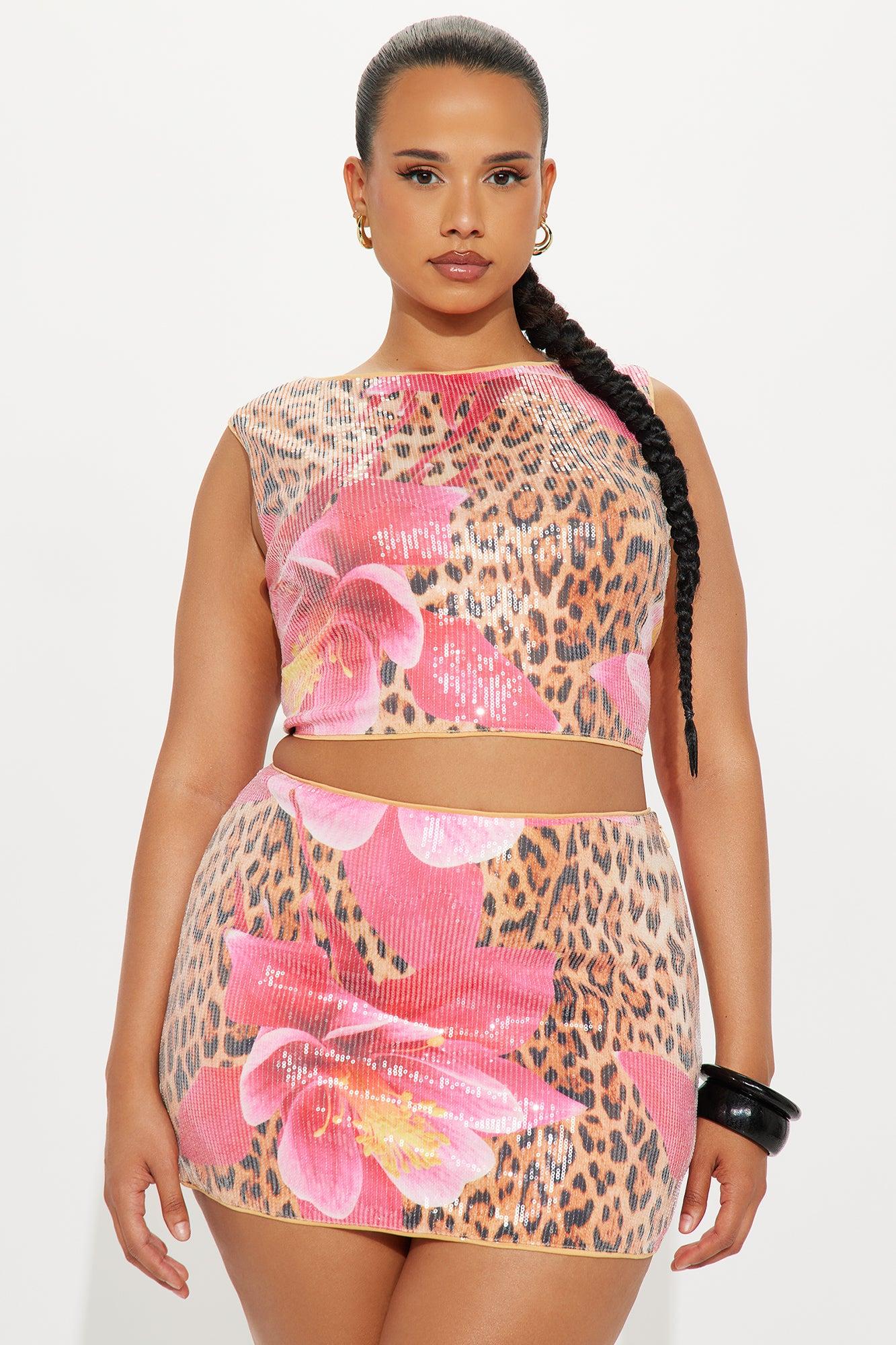 Exotic Bloom Sequin Leopard Skirt Set - Brown Combo Product Image