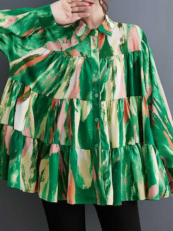 Long Sleeves Loose Pleated Printed Split-Joint Lapel Blouses Product Image