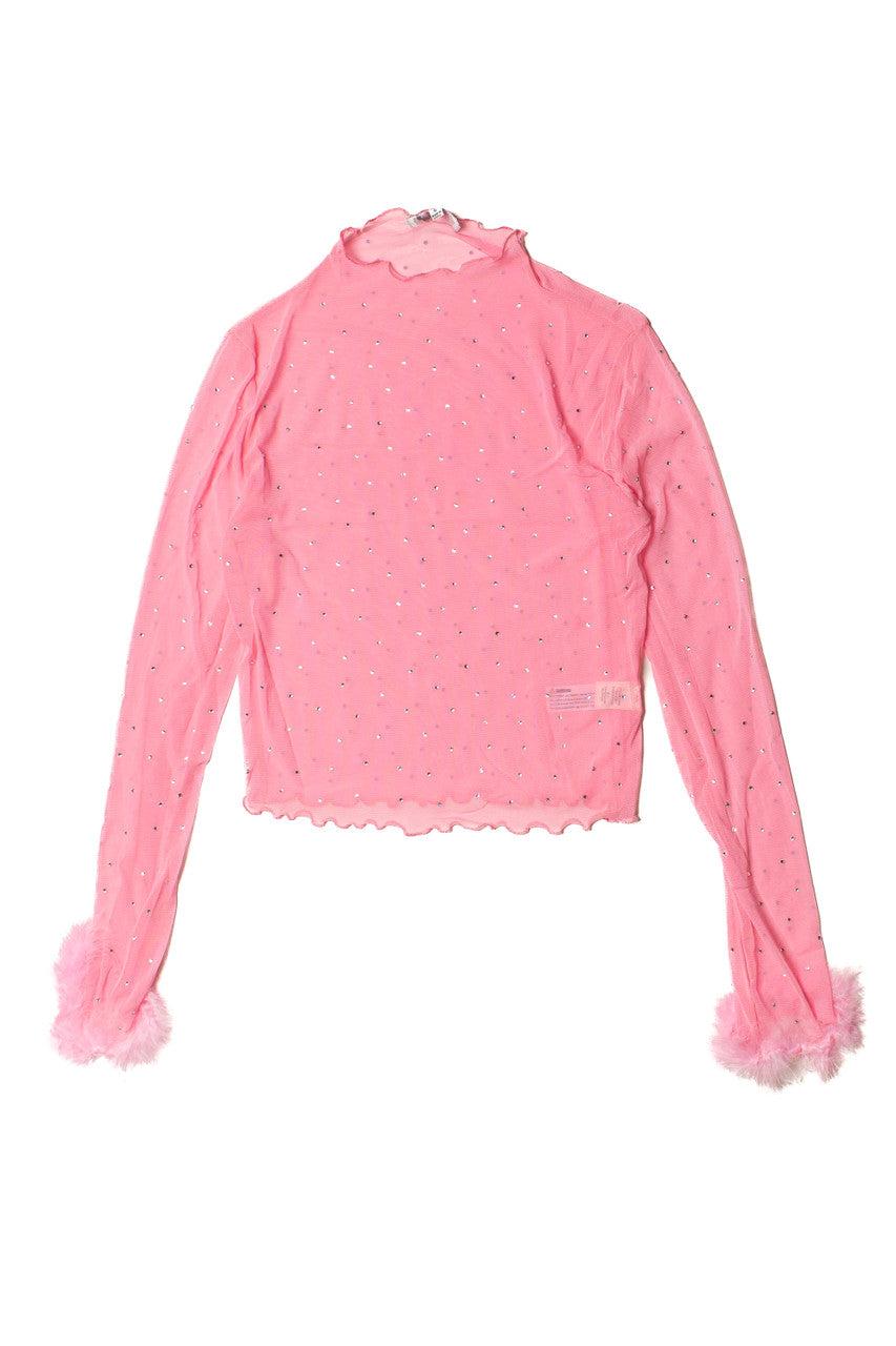Long Sleeve Fur Trim Rhinestone Mesh Top Product Image