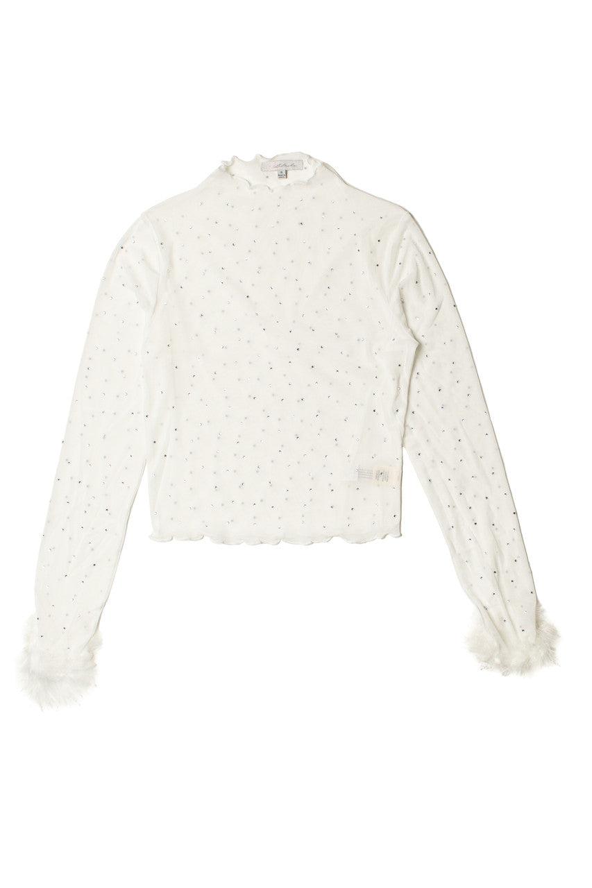 Long Sleeve Fur Trim Rhinestone Mesh Top Product Image