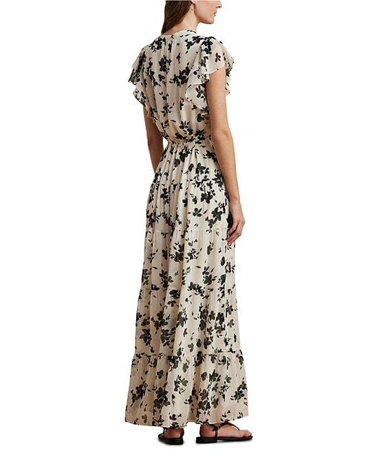Lauren Ralph Lauren Crinkle Georgette Floral Print V-Neck Cap Sleeve Maxi A-Line Dress Product Image