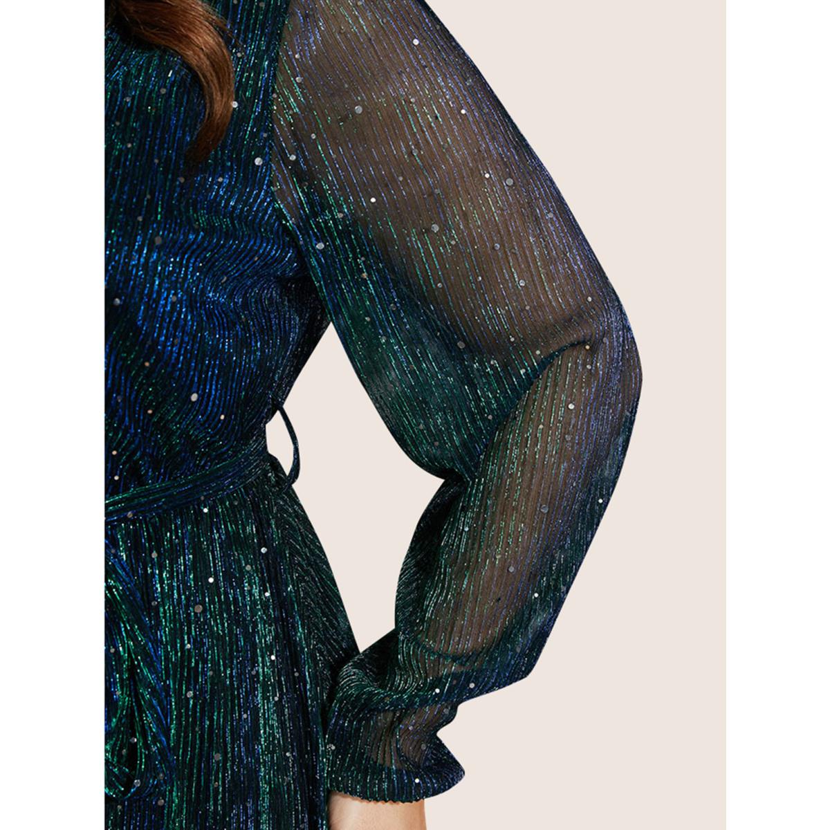 Plus Size Black Sequin Mesh Lantern Sleeve Wrap Belted Striped Blouse Women Party&Cocktail Long Sleeve Overlap Collar Party Blouses BloomChic 28/5X Product Image