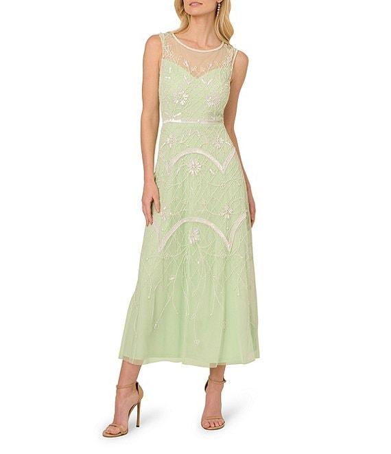 Adrianna Papell Beaded Mesh Crew Neck Sleeveless A-Line Midi Dress Product Image