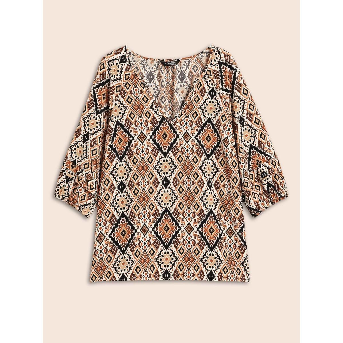 Plus Size Browncoffeecolor Bandana Geometric Pleated Lantern Sleeve Blouse Women Timeless Elbow-length sleeve V-neck Elegant Blouses BloomChic 18-20/2X Product Image