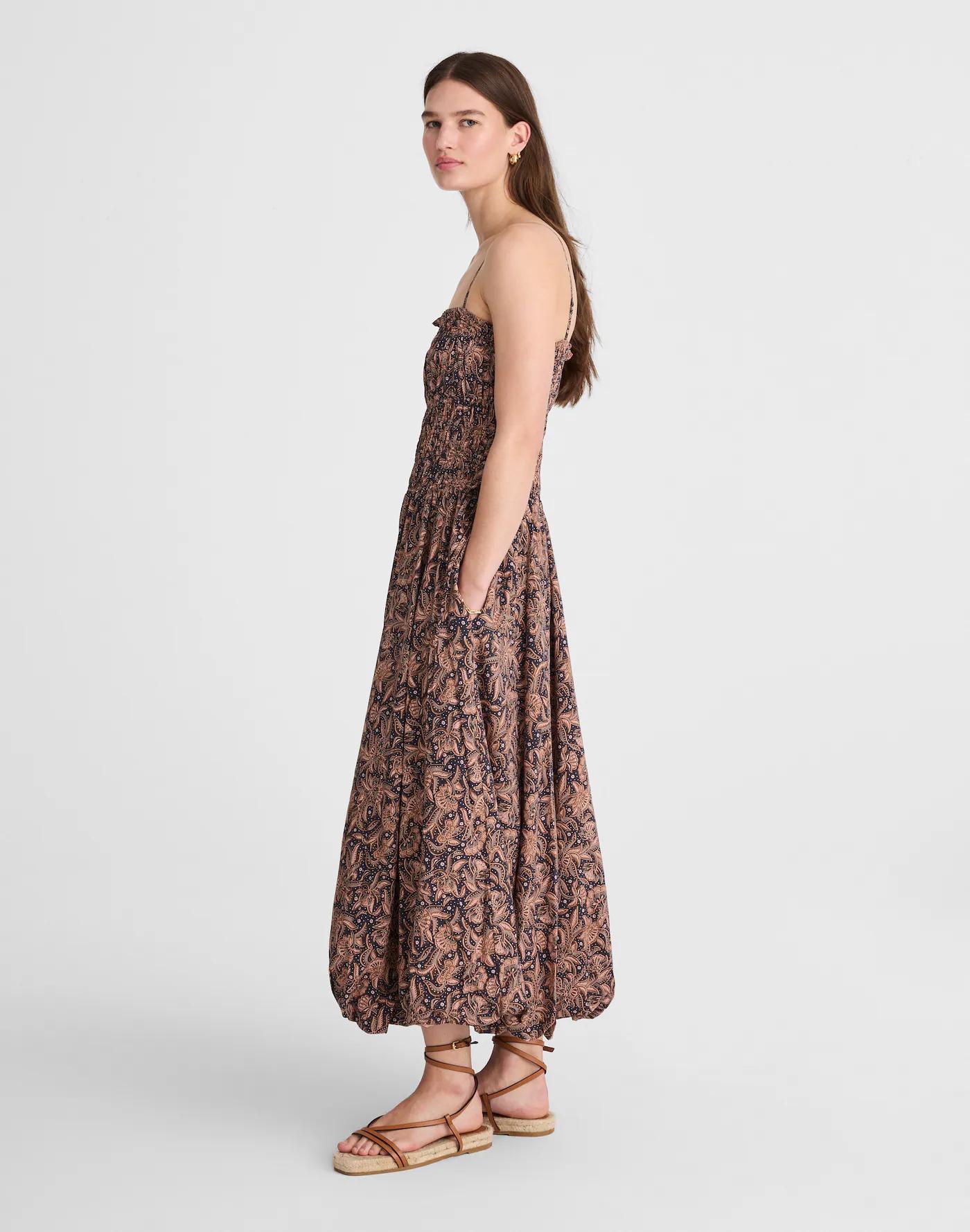 Smocked Bubble-Hem Midi Dress in Paisley Product Image