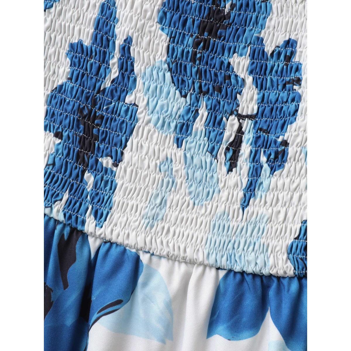 Plus Size Floral Pattern Shirred Pockets Midi Dress Mediumblue Women Romantic Square Neck Cap Sleeve Curvy BloomChic 18-20/2X Product Image