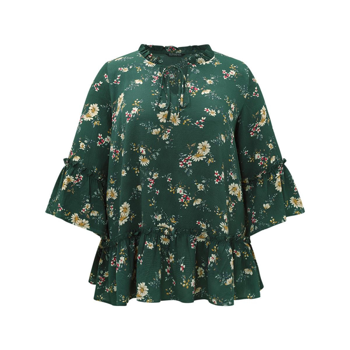 Plus Size DarkGreen Floral Print Knot Neck Ruffle Trim Blouse Women Elegant Elbow-length sleeve Tie Neck Dailywear Blouses BloomChic 12/L Product Image