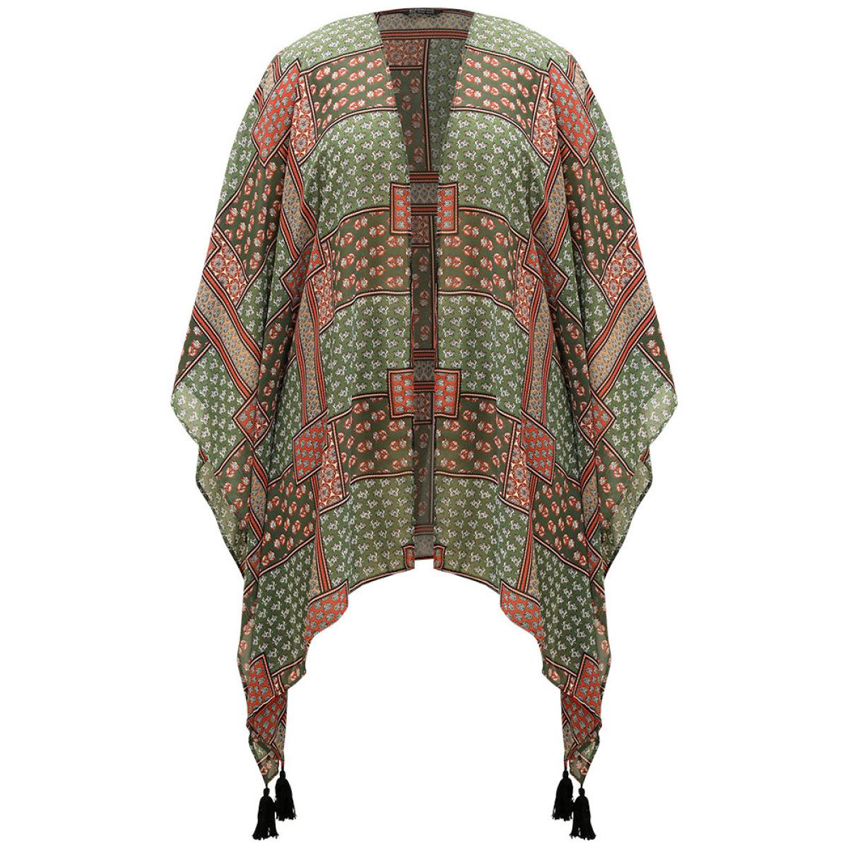Plus Size Bandana Print Tassels Trim Asymmetrical Hem Kimono Women Moss Casual Drape Loose Dailywear Kimonos BloomChic 26/4X Product Image