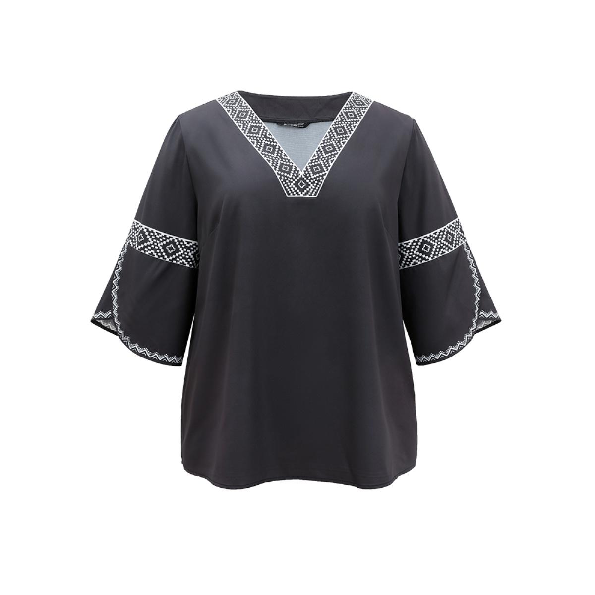 Plus Size Black Boho Print Patchwork V Neck Blouse Women Vacation Elbow-length sleeve V-neck Dailywear Blouses BloomChic 14-16/1X Product Image