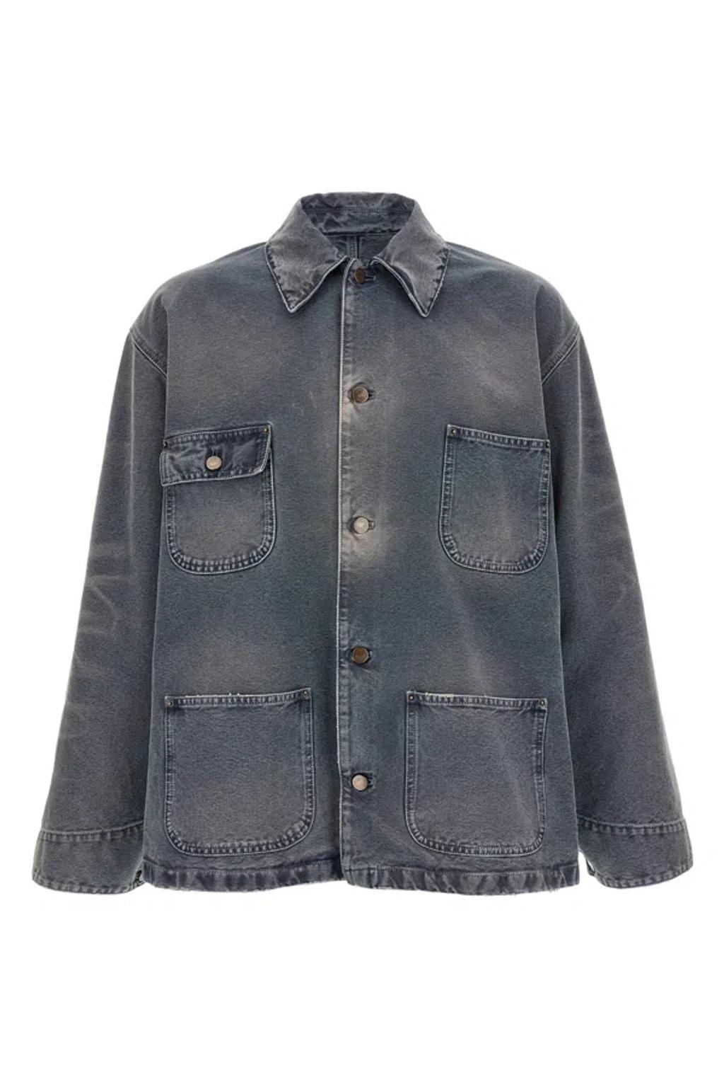 PRADA Distressed Denim Blouson Jacket In Gray Product Image