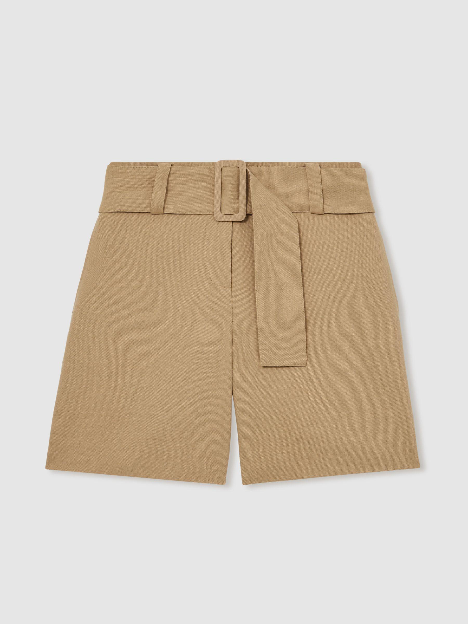 Cotton-Blend Belted Shorts With Linen in Camel Product Image