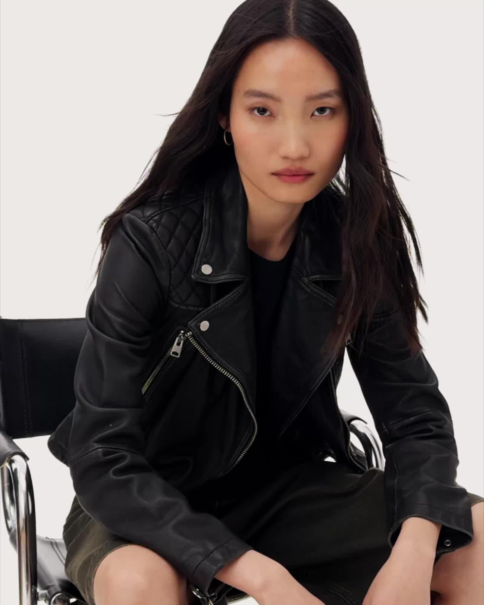 Cargo Distressed Leather Biker Jacket Black/Grey | ALLSAINTS US Product Image