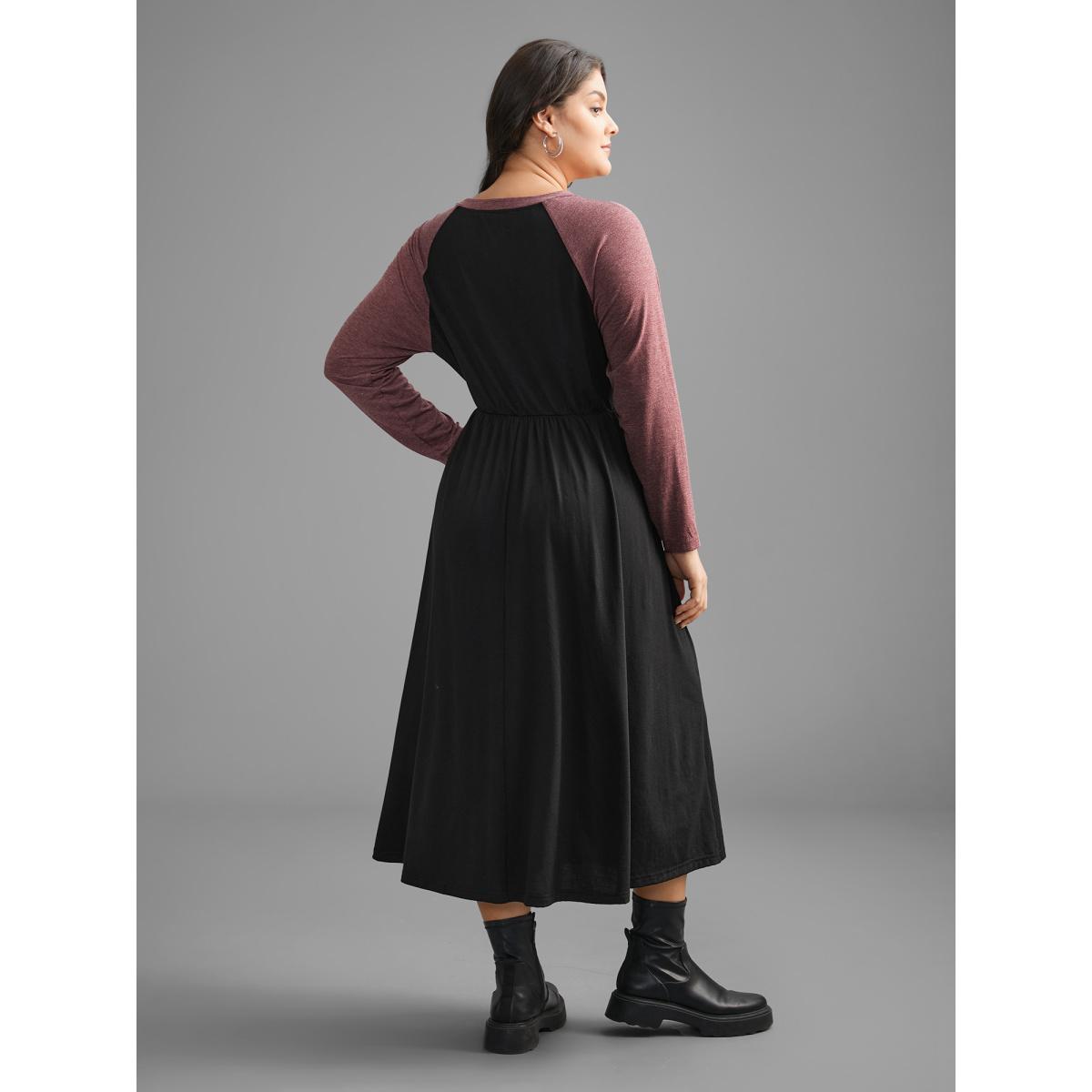 Plus Size V Neck Heather Patchwork Knit Dress Black Women Casual Contrast Knit Dresses Bloomchic 14-16/1X Product Image