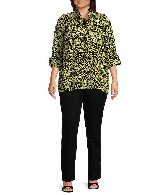 Ali Miles Plus Size Woven Zebra Leopard Print Wire Collar 3/4 Sleeve Button Front Tunic Product Image