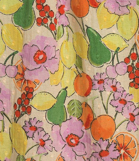 Democracy Woven Floral Fruit Print Round Neck Elbow Sleeve Half Button Front Placket Pintuck Detail Top Product Image