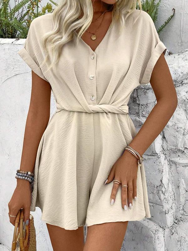 Loose Raglan Sleeve Pleated Solid Color Split-Joint V-Neck Rompers Product Image