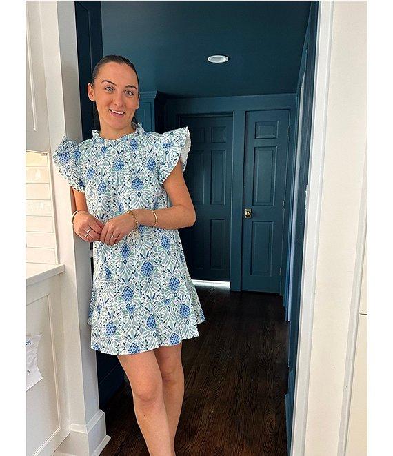 SAIL to SABLE Woven Pineapple Print Ruffle Mock Neck Flutter Sleeve Shift Dress Product Image