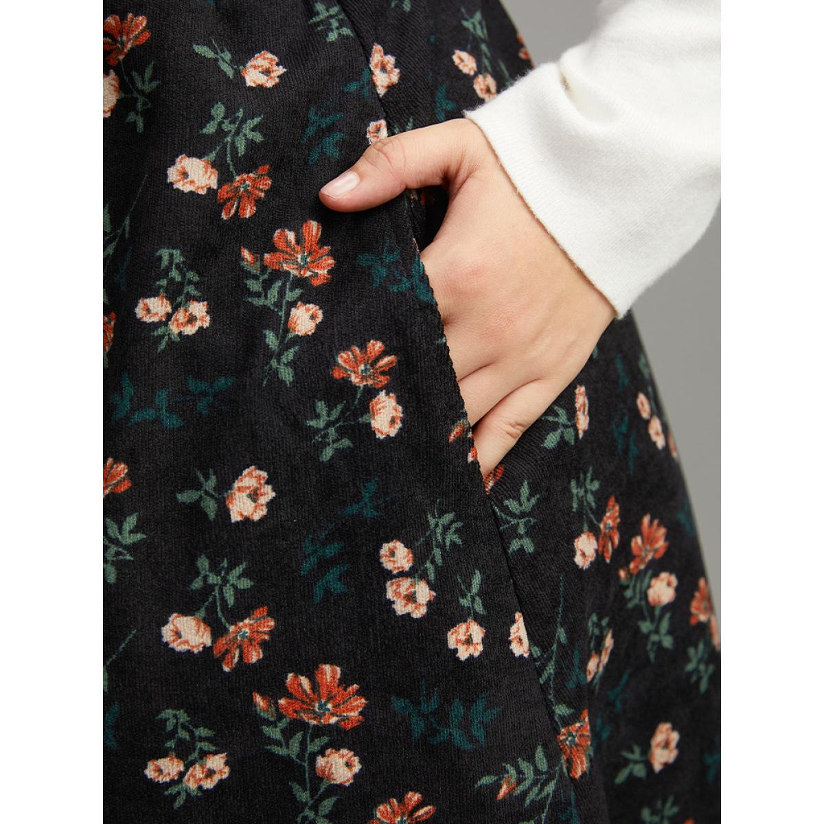 Plus Size Ditsy Floral Corduroy Pocket Zipper Fly Cami Dress Black Women Casual Printed Square Neck Sleeveless Curvy Knee Dress BloomChic 18-20/2X Product Image