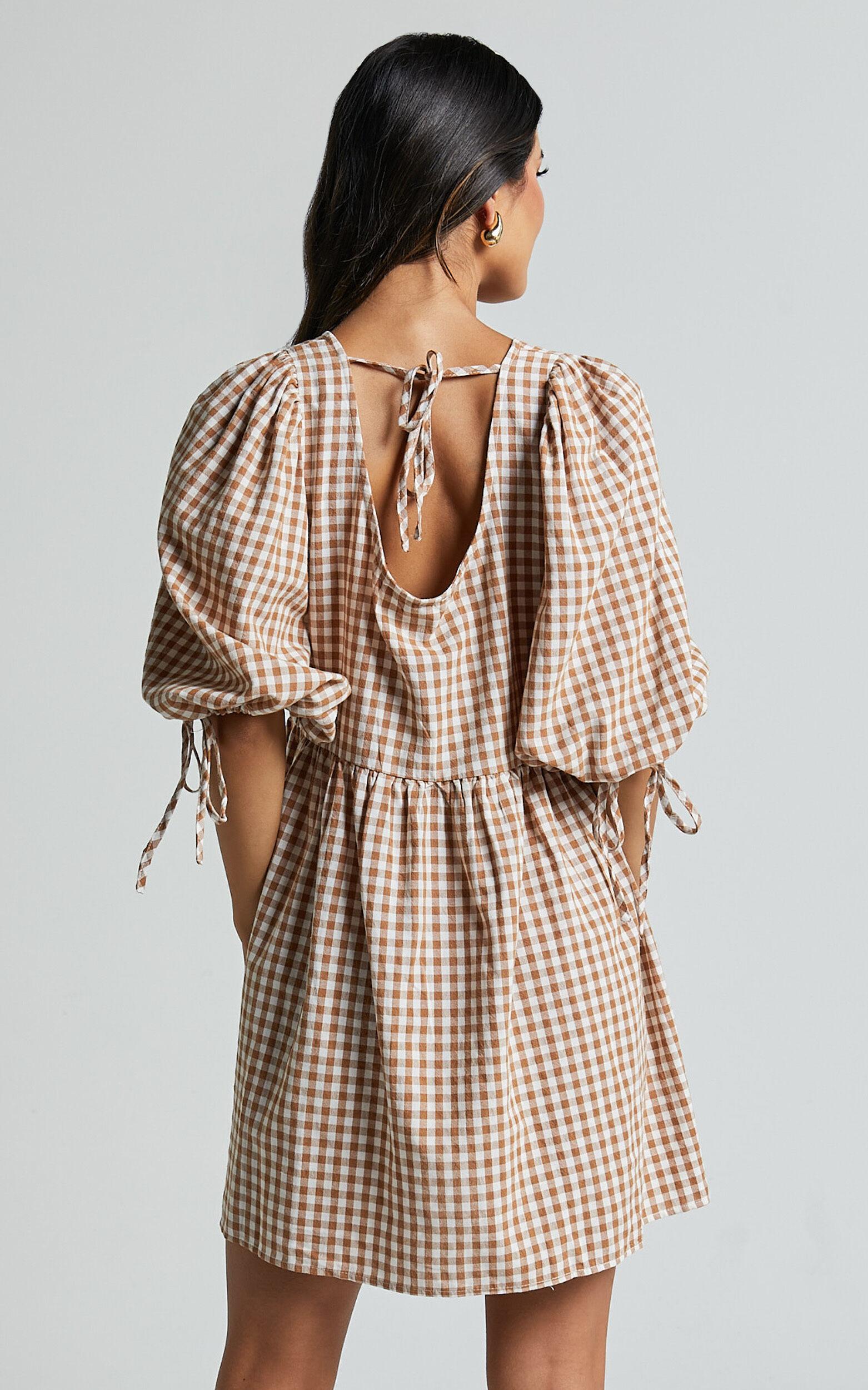 Rosita Mini Dress - Tie Front Puff Sleeve Dress in Caramel & White Gingham Product Image
