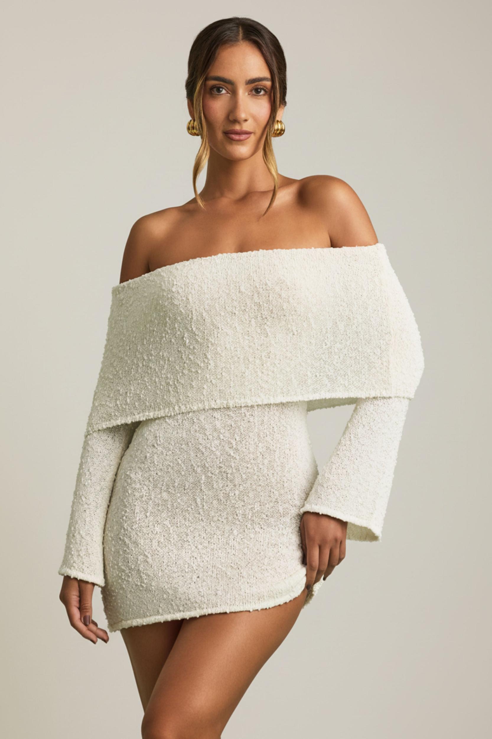 Bouclé Off-Shoulder Mini Dress in White Product Image