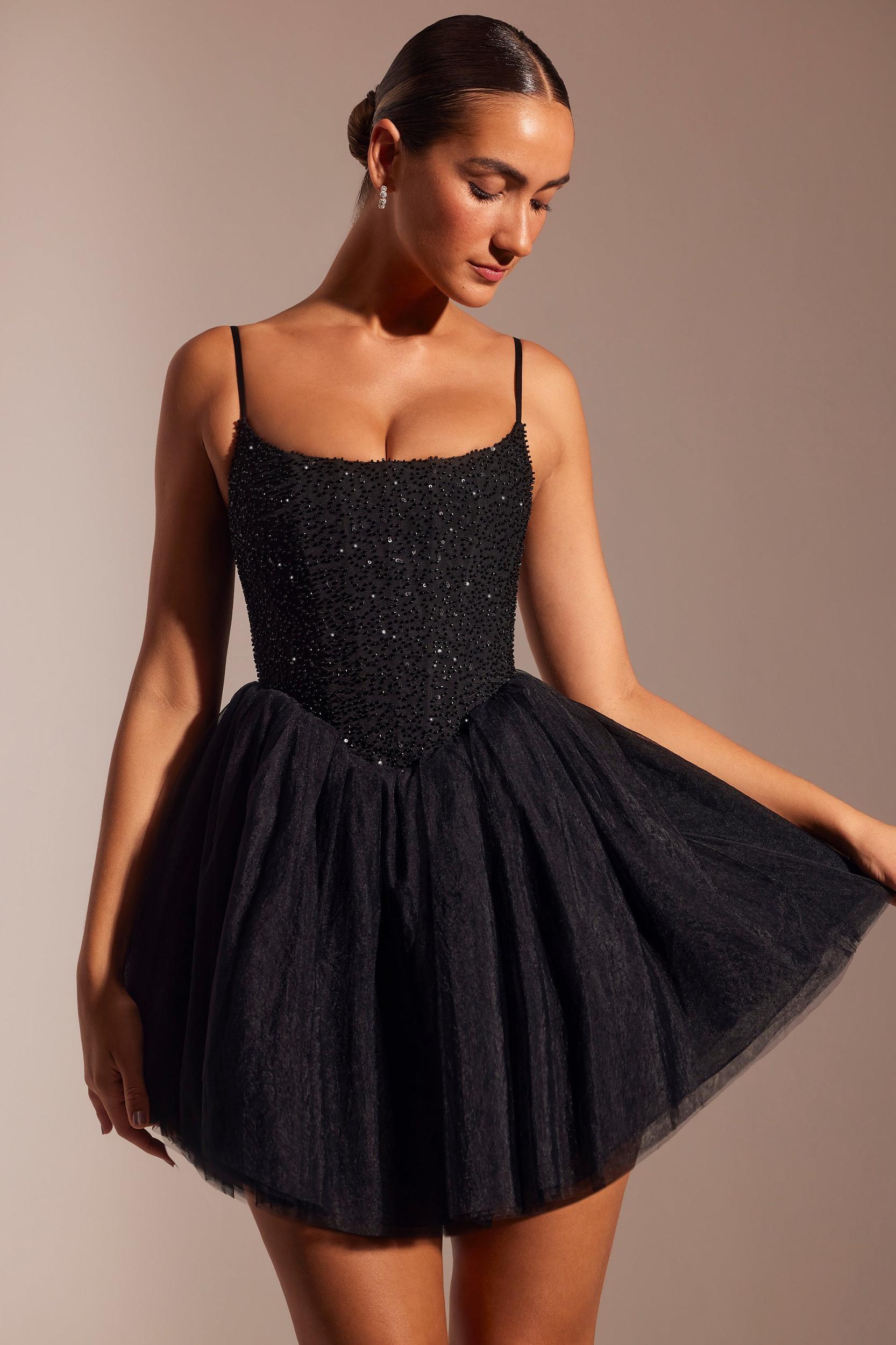 Embellished Corset Tulle Skirt Mini Dress in Black Product Image
