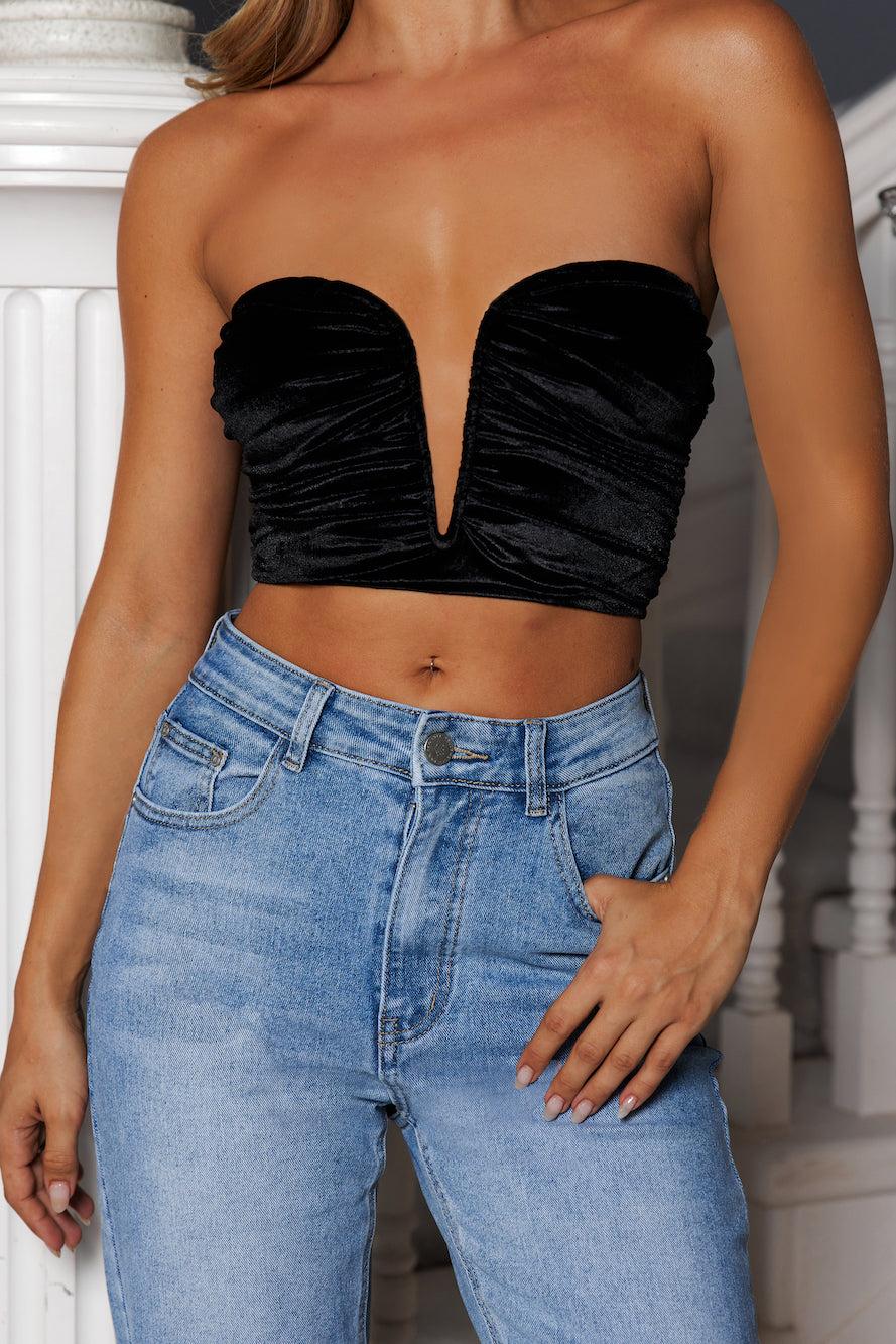 Evening Wear Strapless Velvet Crop Top Black Product Image