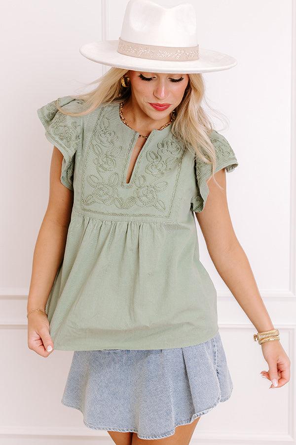 Farmers Market Cutie Embroidered Chambray Top in Sage Product Image