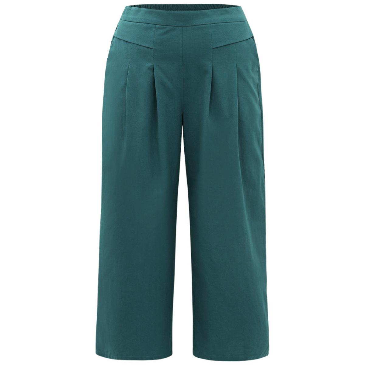 Plus Size Plain Pocket Elastic Waist Plicated Detail Pants Women Cyan Casual Straight Leg High Rise Everyday Pants BloomChic 18-20/2X Product Image
