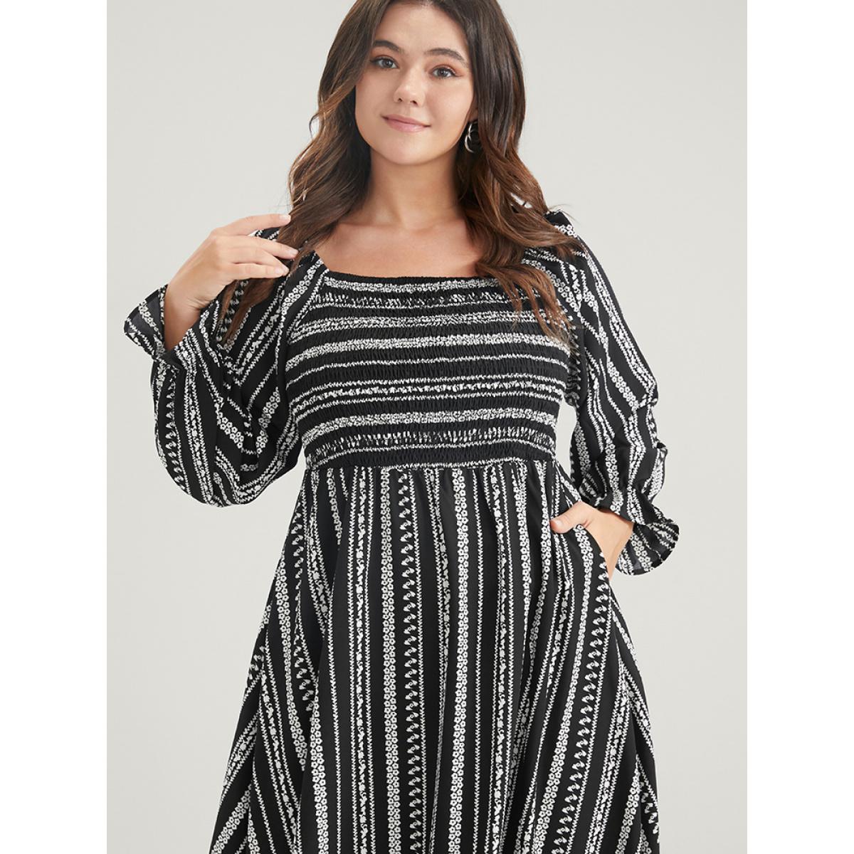 Plus Size Striped Square Neck Lantern Sleeve Pocket Shirred Split Dress Black Women Vacation Pocket Square Neck Long Sleeve Curvy Midi Dress BloomChic 26/4X Product Image