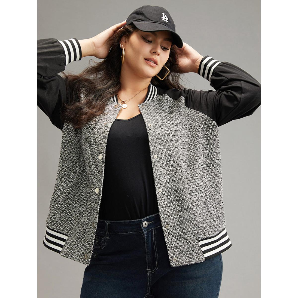 Plus Size Texture Patchwork Contrast Striped Button Up Jacket Women Black Elastic cuffs Pocket Everyday Jackets BloomChic 10/M Product Image