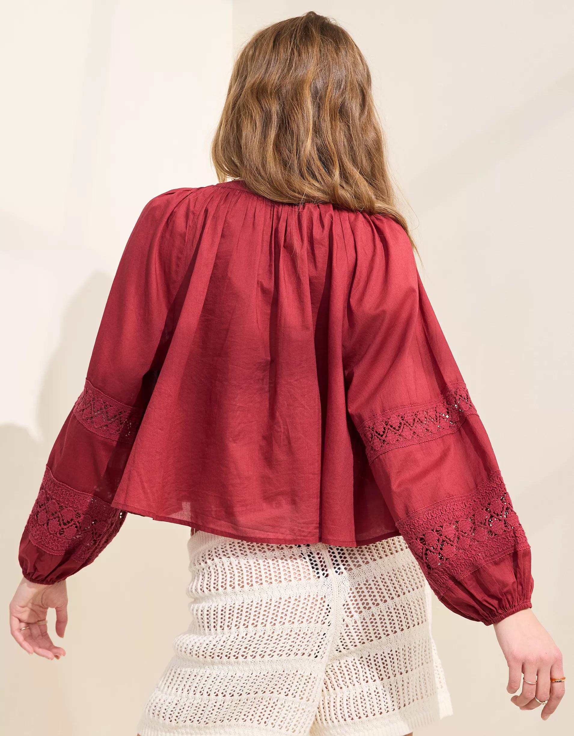 Aerie Long Sleeve Crochet Button Down Shirt Product Image