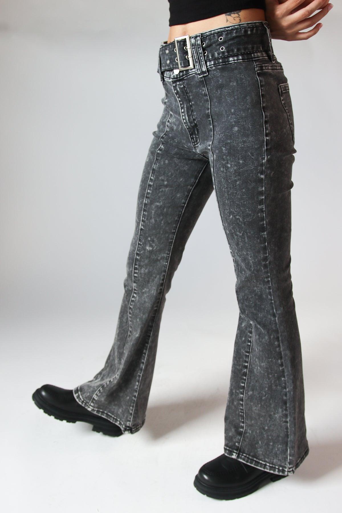 Belted Flare Grunge Wash Jeans Product Image