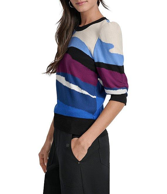 DKNY by Donna Karan Colorblock Knit Crew Neck Elbow Puff Sleeve Top Product Image