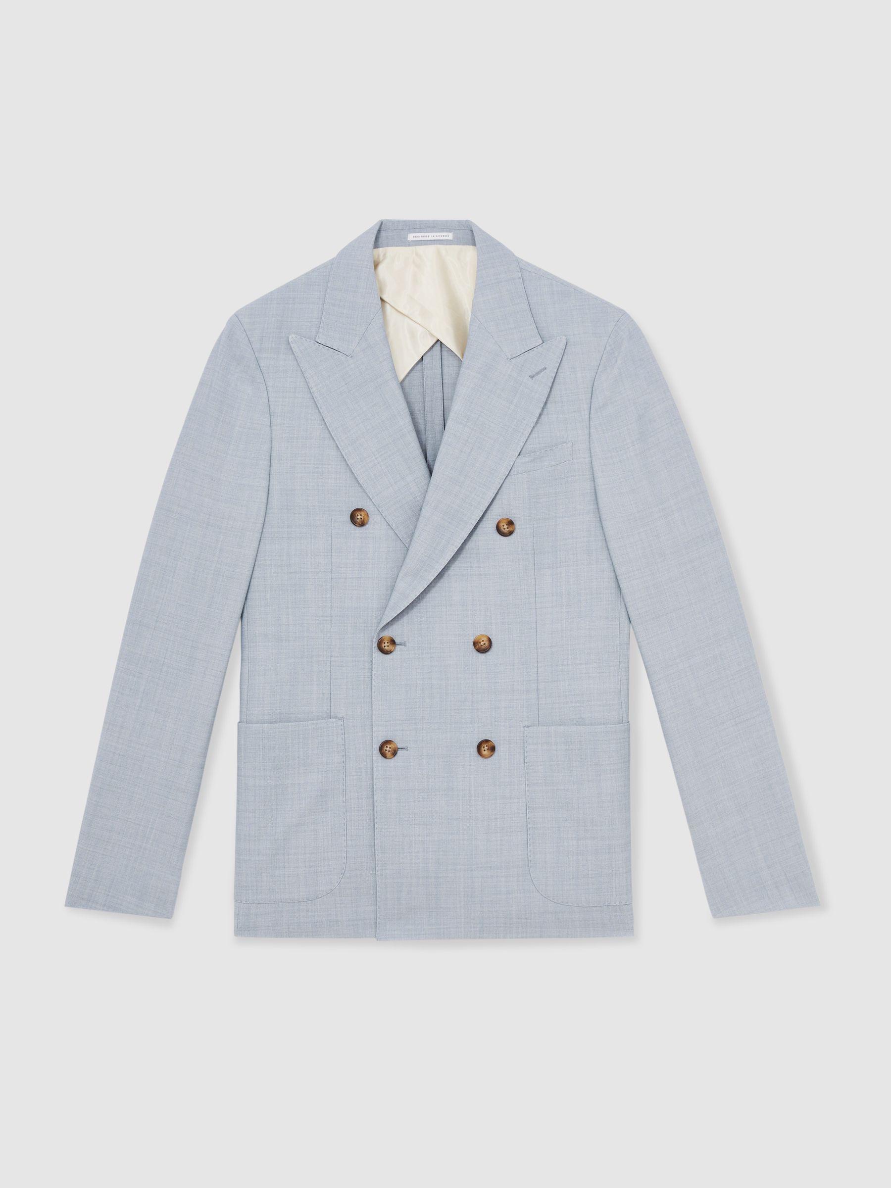 Double-Breasted Textured Suit Blazer With Wool Slim-Fit in Soft Blue Product Image