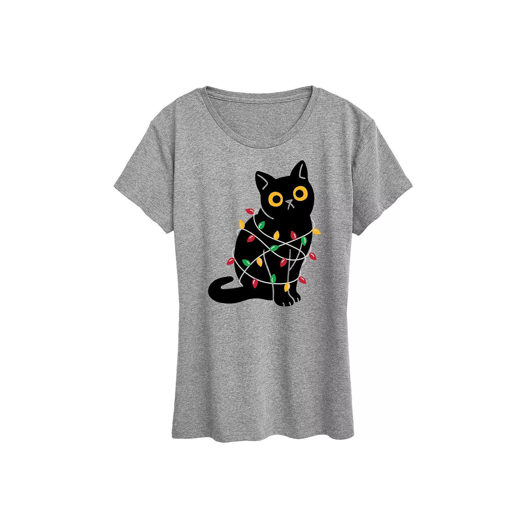 Plus Cat Wrapped In Christmas Lights Graphic Tee, Women's, Size: 4XL, Gray Product Image