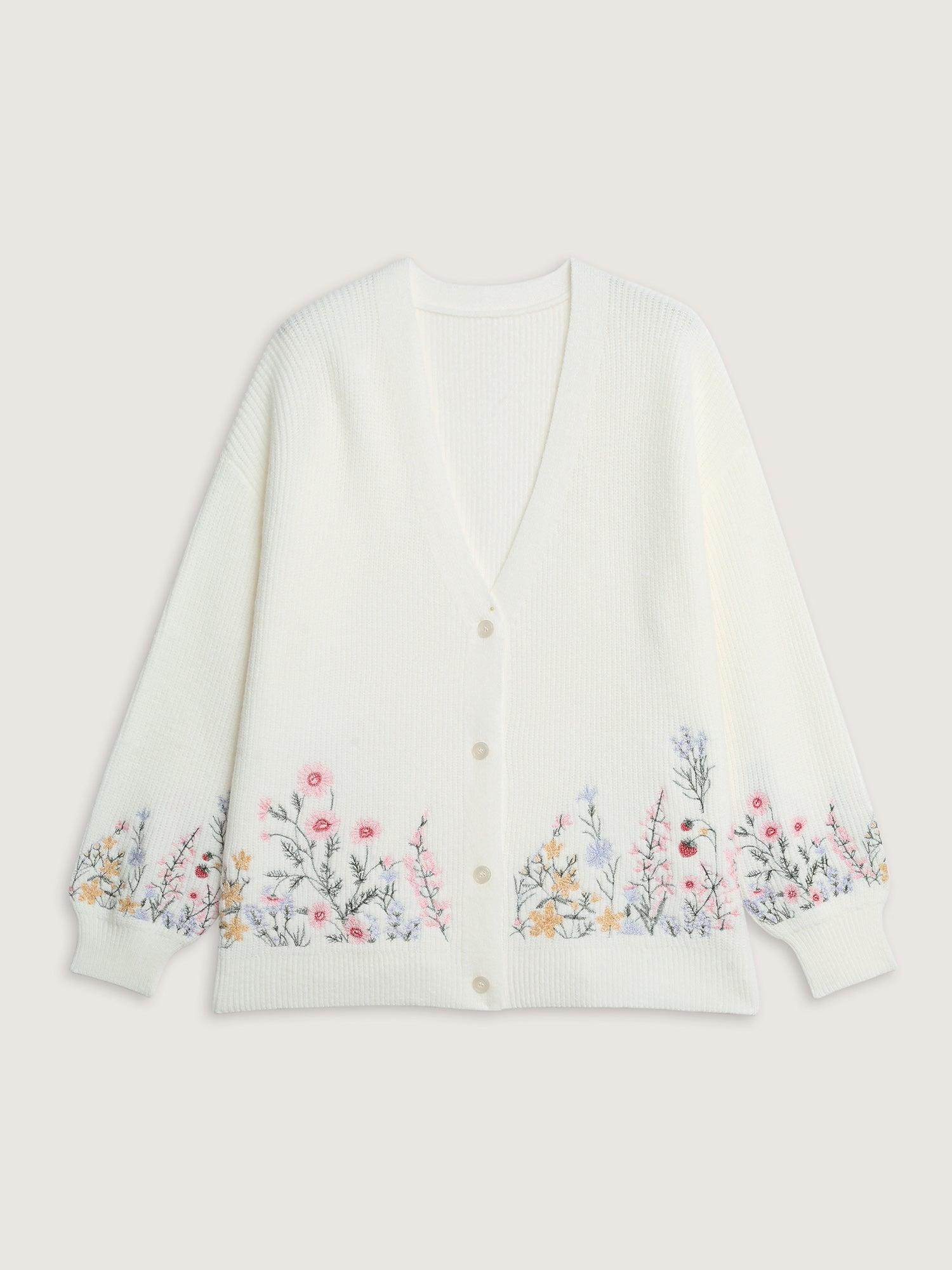 Floral Embroidery Drop Shoulder Knit Cardigan Female Product Image