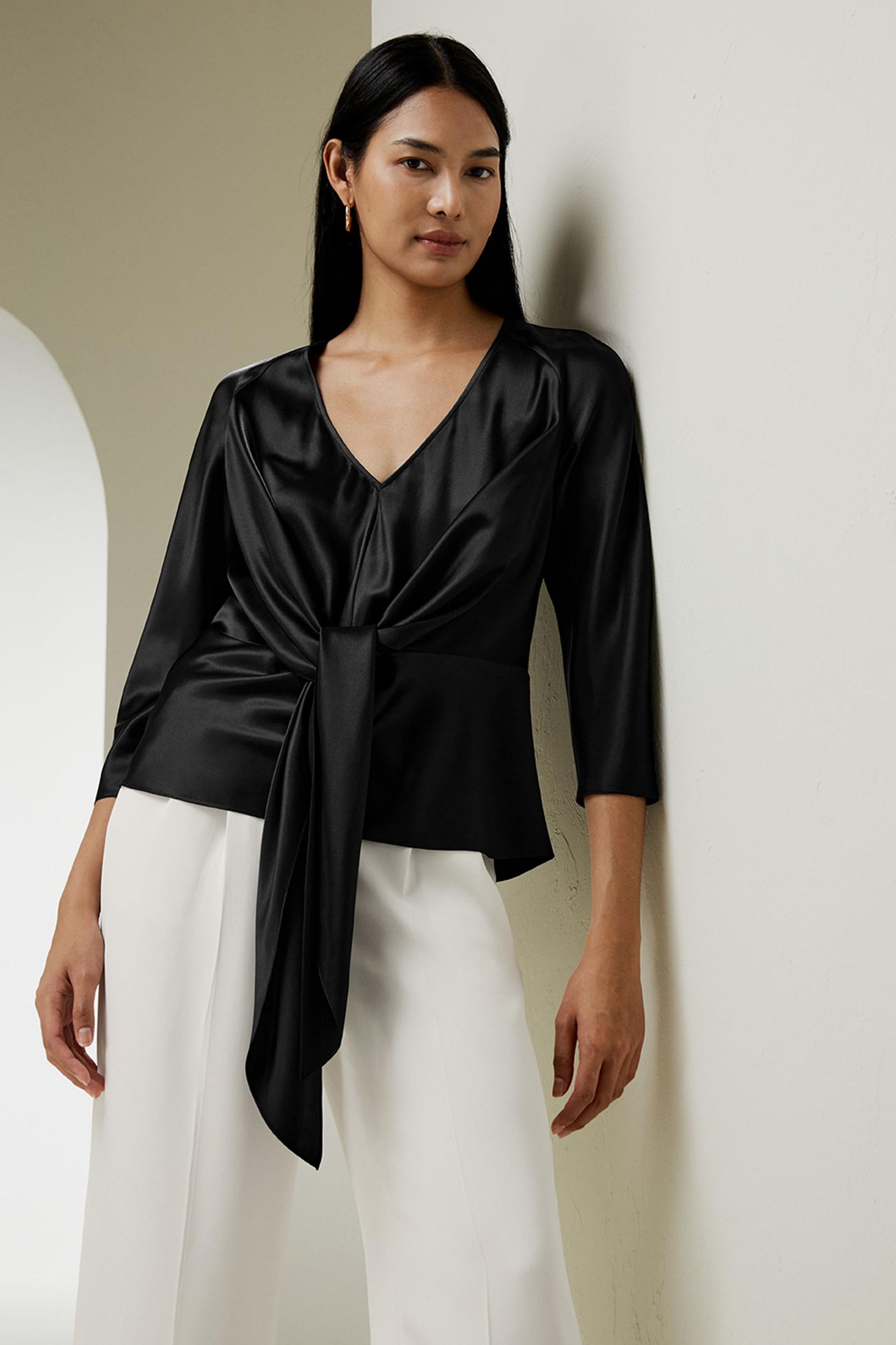 LILYSILK X MIM V Neck Silk Blouse with Waist Tie Product Image